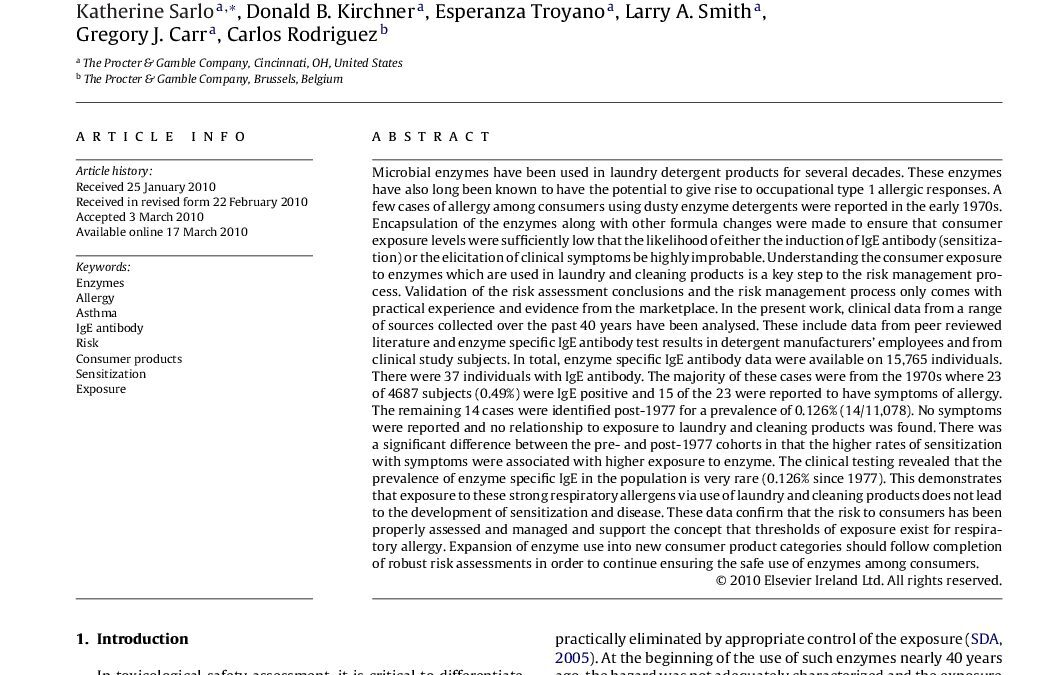 Assessing the risk of type 1 allergy to enzymes present in laundry and cleaning products: Evidence from the clinical data – K.Sarlo et al – 2010