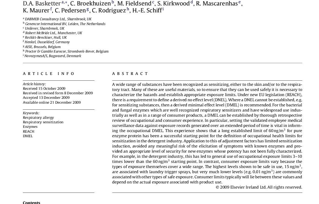 Defining occupational and consumer exposure limits for enzyme protein respiratory allergens under REACH – D.Basketter et al A – 2010