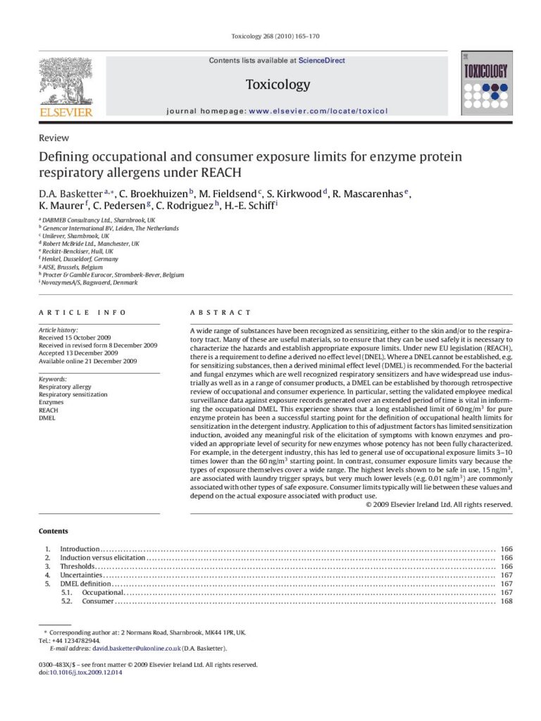 Defining occupational and consumer exposure limits for enzyme protein respiratory allergens under REACH - D.Basketter et al A - 2010
