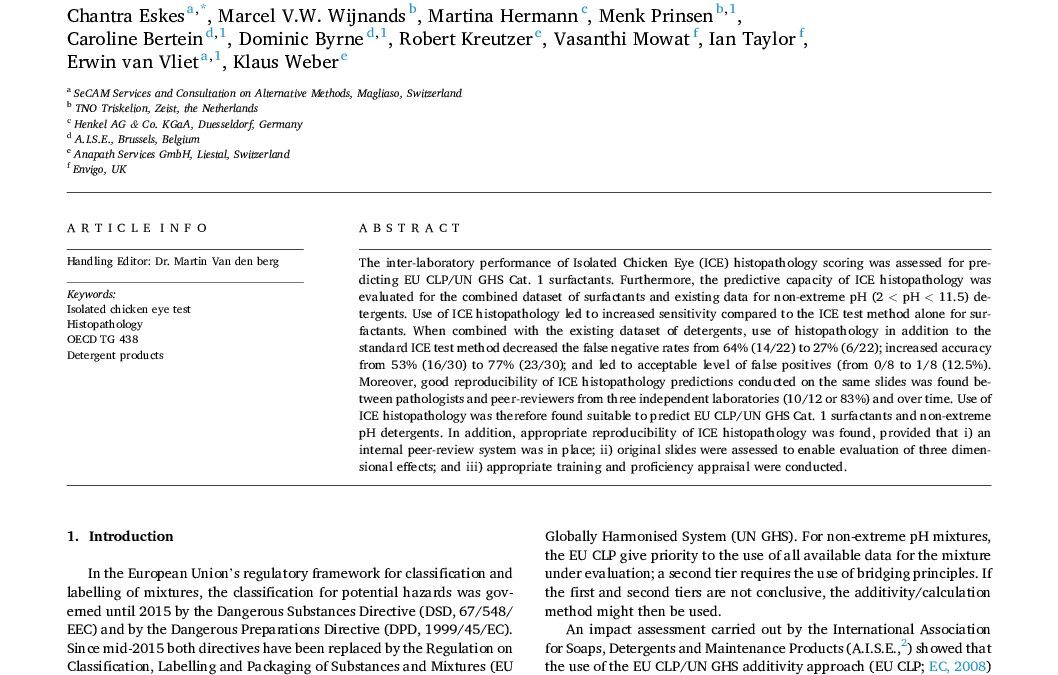 Inter-laboratory performance of ICE histopathology scoring to identify UN GHS Category 1 surfactants and non-extreme pH detergents – C.Eskes et al – 2021