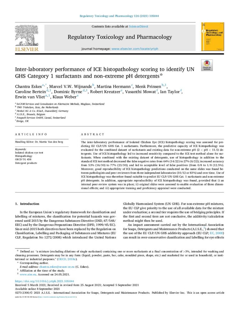 Inter-laboratory performance of ICE histopathology scoring to identify UN GHS Category 1 surfactants and non-extreme pH detergents - C.Eskes et al - 2021
