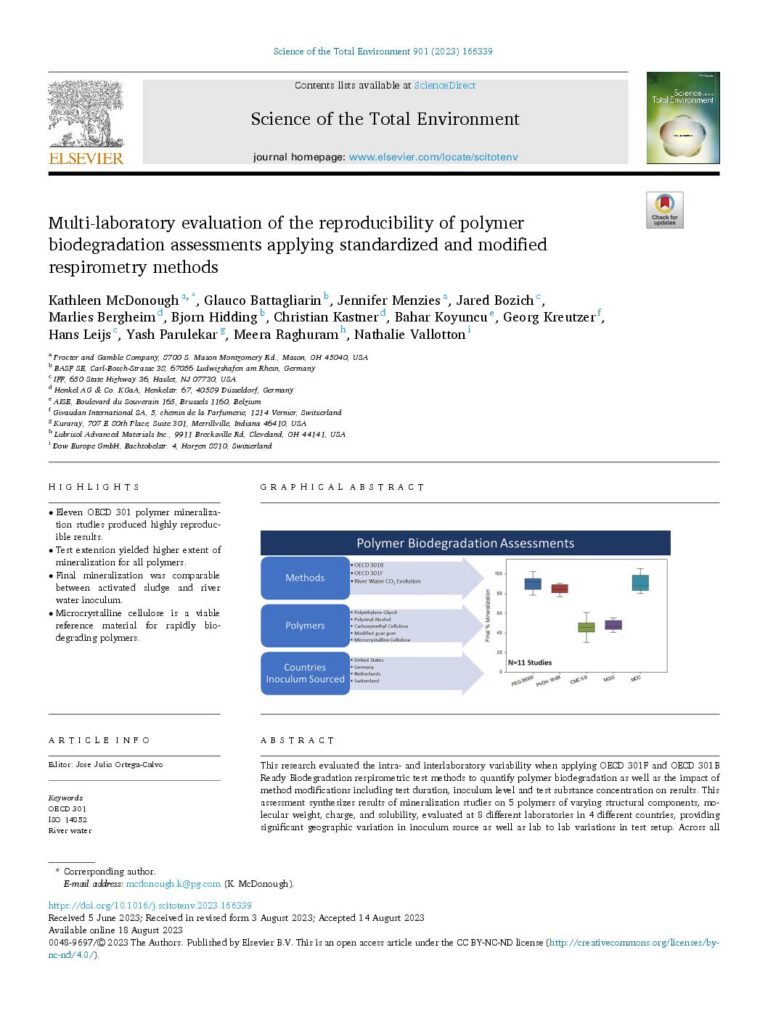 Multi-laboratory evaluation of the reproducibility of polymer biodegradation assessments applying standardized and modified respirometry methods - K. McDonough et al - 2023