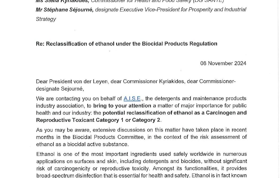 Reclassification of ethanol under the Biocidal Products Regulation – A.I.S.E. letter to President von der Leyen