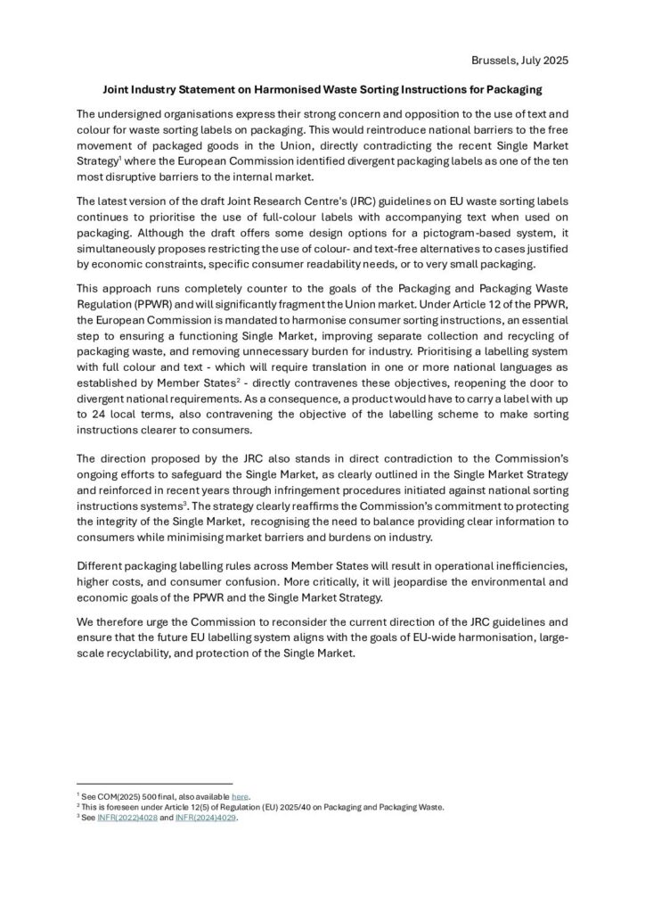Harmonised waste sorting instructions for packaging