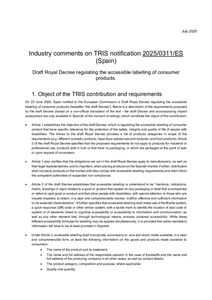 Industry comments on TRIS notification 2025/0311/ES (Spain)