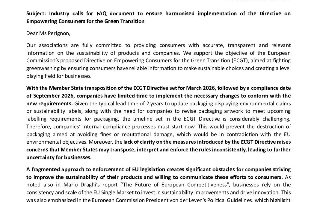 Industry calls for FAQ document to ensure harmonised implementation of the Directive on Empowering Consumers for the Green Transition – Joint industry letter