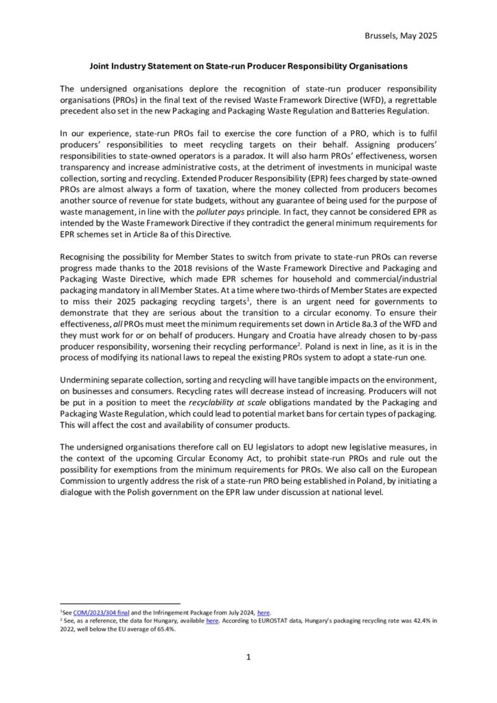 Joint industry statement on state-run Producer Responsibility Organisations