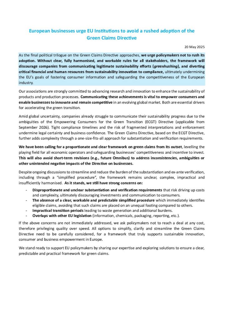European businesses urge EU Institutions to avoid a rushed adoption of the Green Claims Directive