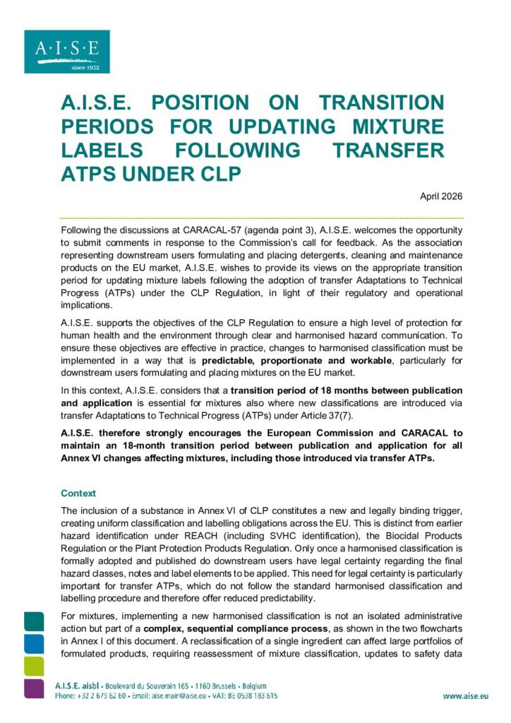A.I.S.E. position on transition periods for updating mixture labels following transfer ATPs under CLP