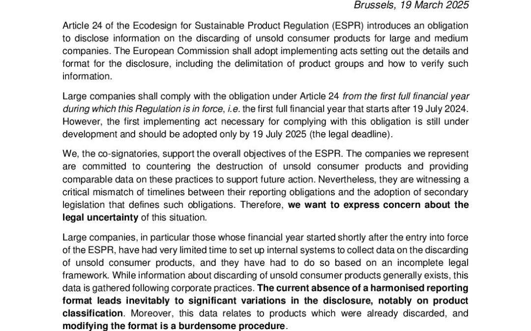 Joint Industry Call for a Transitional Regime for the implementation of Article 24 of the ESPR – Joint industry call