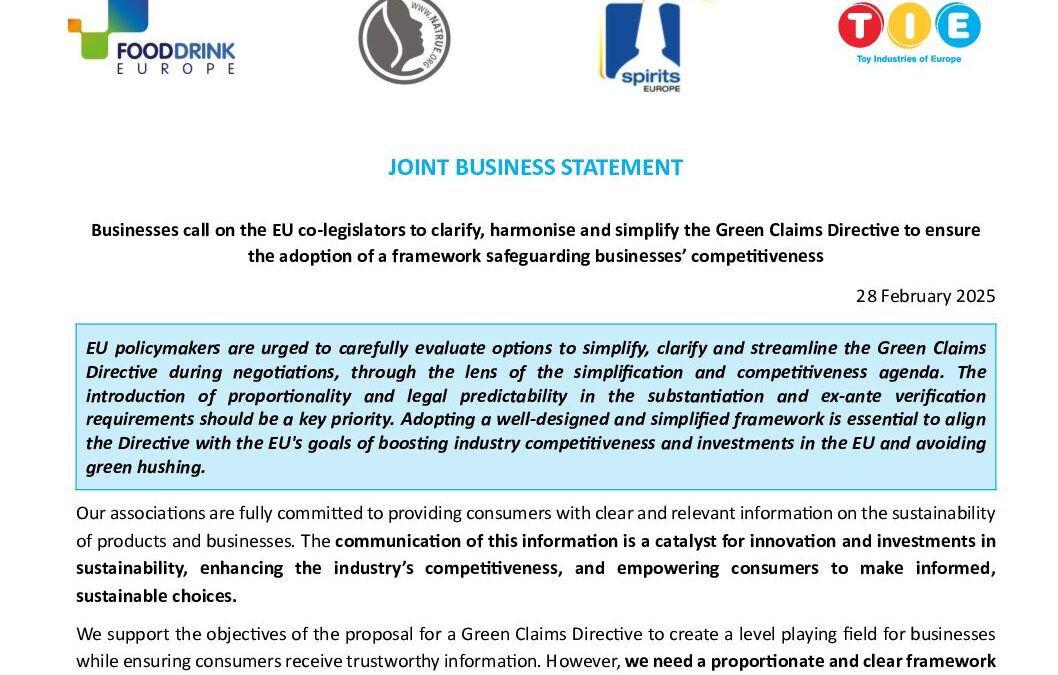 Businesses call on the EU co-legislators to clarify, harmonise and simplify the Green Claims Directive to ensure the adoption of a framework safeguarding businesses’ competitiveness