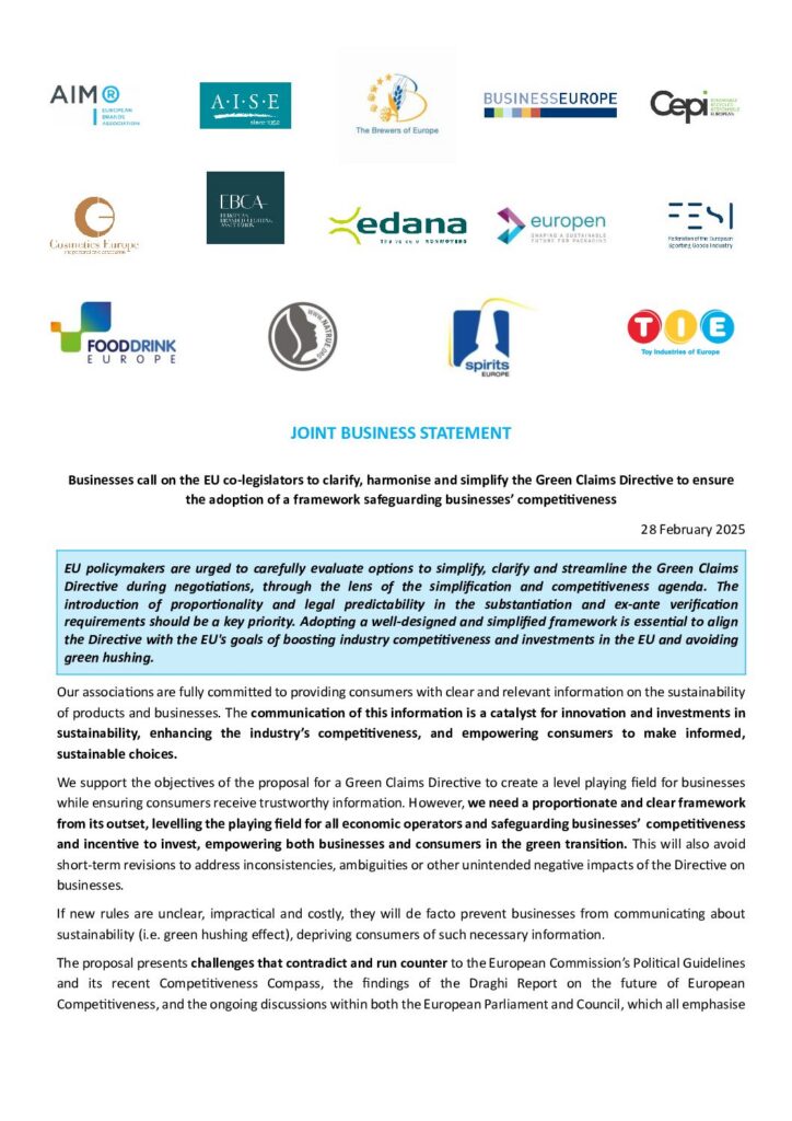 Businesses call on the EU co-legislators to clarify, harmonise and simplify the Green Claims Directive to ensure the adoption of a framework safeguarding businesses’ competitiveness