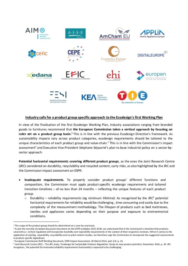 Industry calls for a product group specific approach to the Ecodesign’s first Working Plan