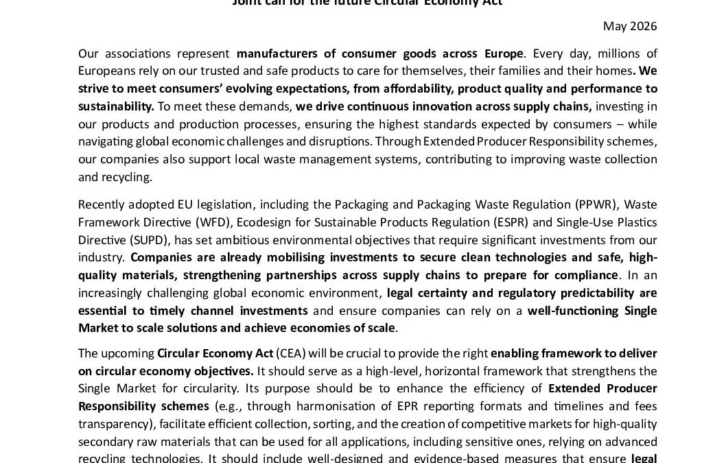 Enabling competitiveness and circularity of the consumer goods industry: Joint call for the future Circulary Economy Act