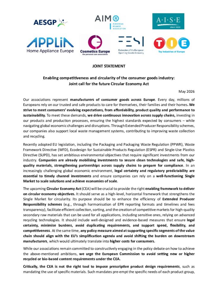 Enabling competitiveness and circularity of the consumer goods industry: Joint call for the future Circulary Economy Act