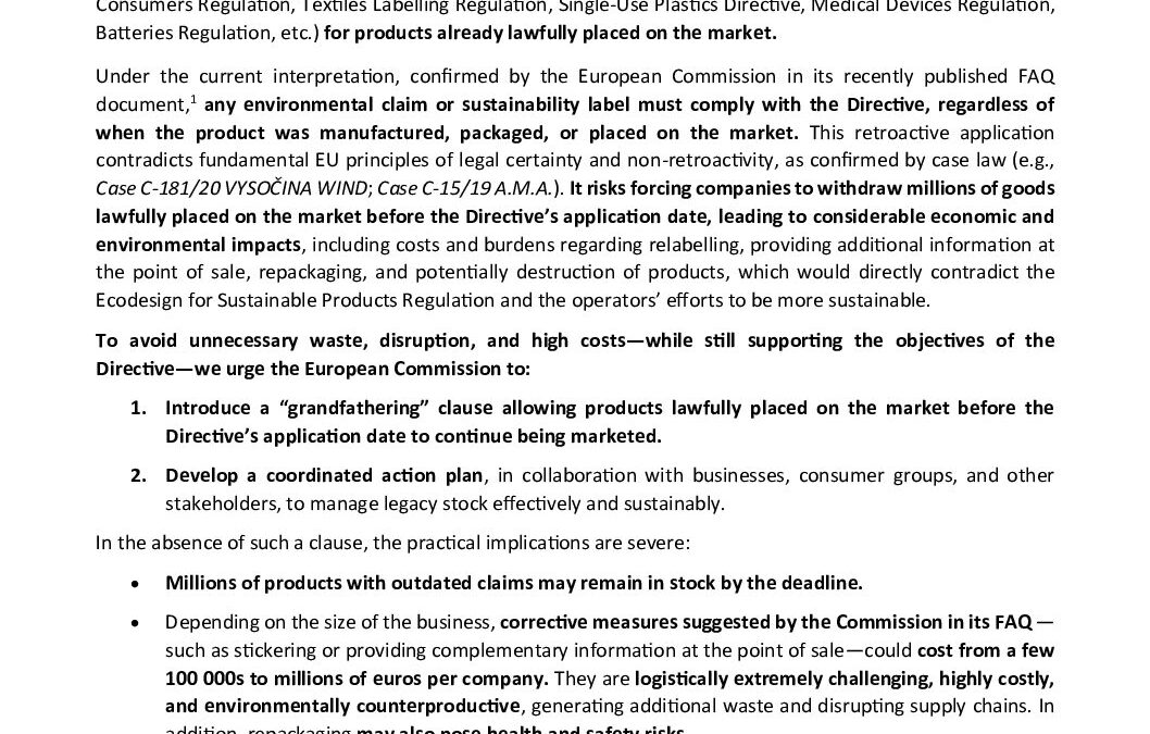 Businesses urge ECto allow continued sale of products already lawfully placed on the market before the Empowering Consumers Directive’s application