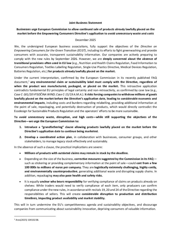 Businesses urge ECto allow continued sale of products already lawfully placed on the market before the Empowering Consumers Directive’s application