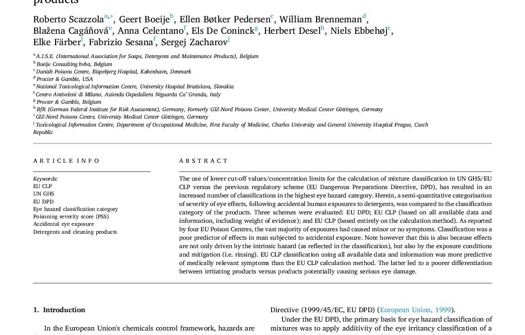 Eye hazard classification according to UN GHS/EU CLP and the severity of eye symptoms caused by accidental exposures to detergents and cleaning products – R. Scazzola et al – 2019