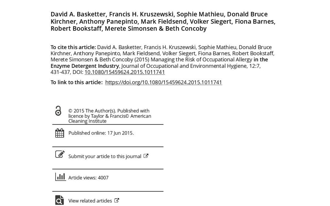 Managing the Risk of Occupational Allergy in the Enzyme Detergent Industry – D.Basketter et al – 2015