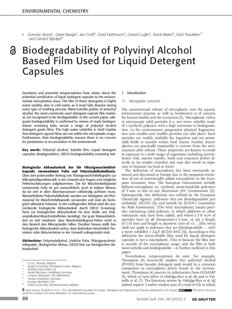 Biodegradability of Polyvinyl Alcohol Based Film Used for Liquid Detergent Capsules - D.Byrne et al - 2021