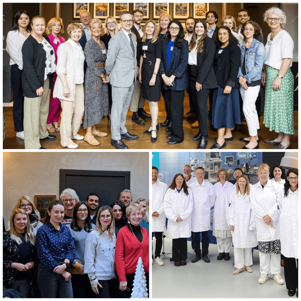 Group of professionals and scientists at Detergents Europe event and laboratory.