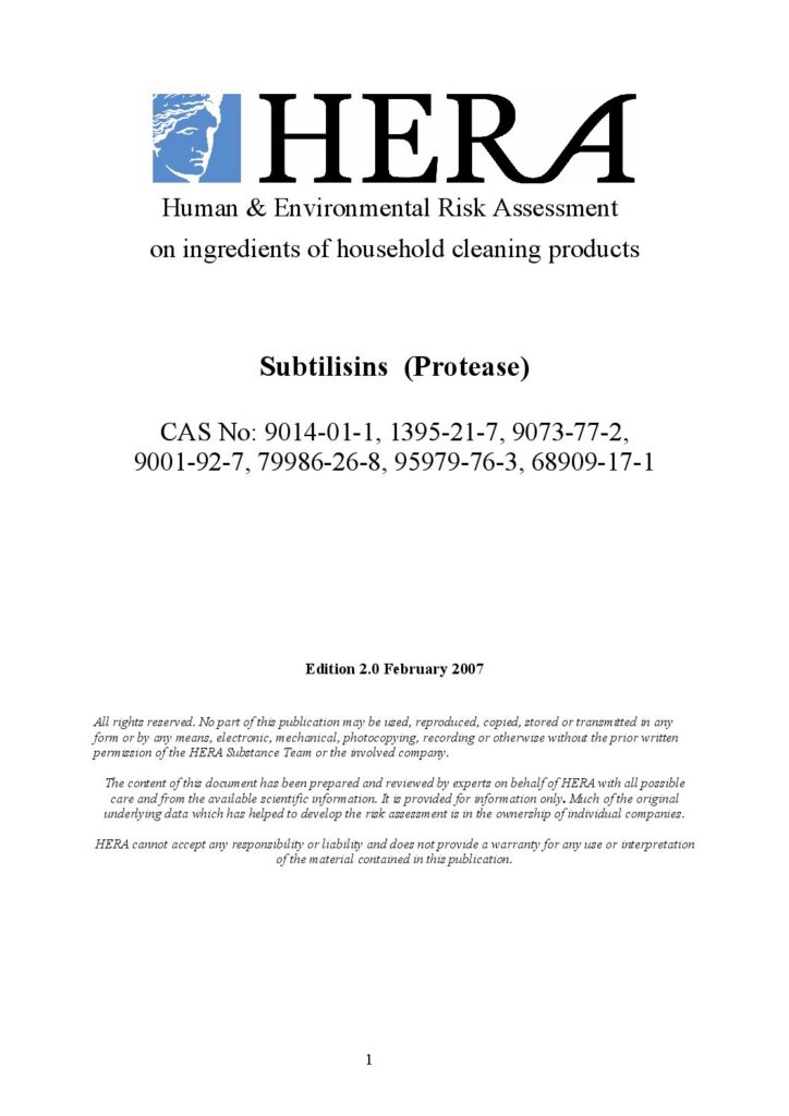 Human & Environmental Risk Assessment on ingredients of household cleaning products (HERA) - Subtilisins (Protease) - 2007