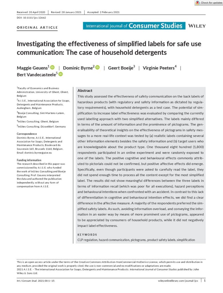 Investigating the effectiveness of simplified labels for safe use communication: The case of household detergents