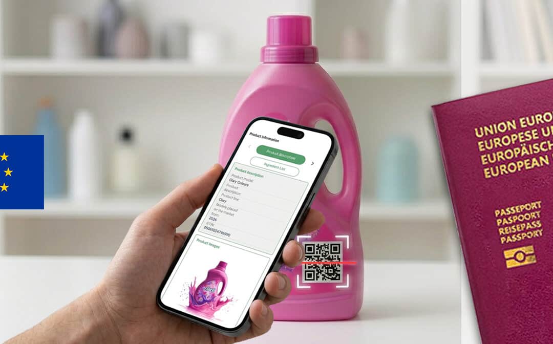 European detergent product with digital passport and QR code for traceability.